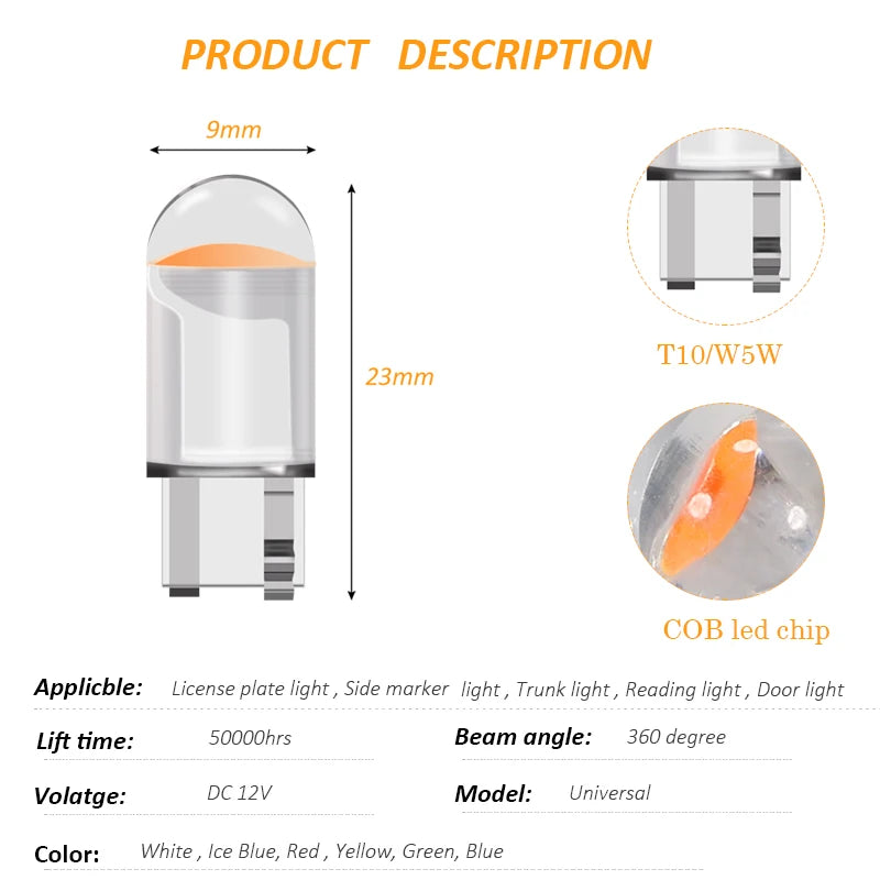 2/10pcs W5W 194 T10 Glass Housing Cob LED Car bulb 3000K 6000K White Blue Red Wedge Lice detail view