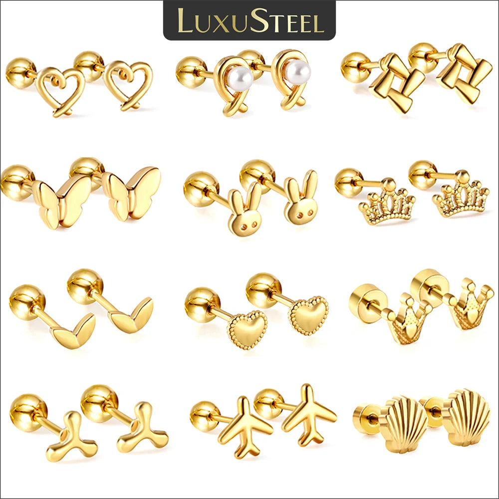 LUXUSTEEL Mini Cute Stainless Steel Stud Earrings Women Girls Heart Butterfly Rabbit Helix Ear Carti