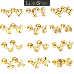 LUXUSTEEL Mini Cute Stainless Steel Stud Earrings Women Girls Heart Butterfly Rabbit Helix Ear Carti