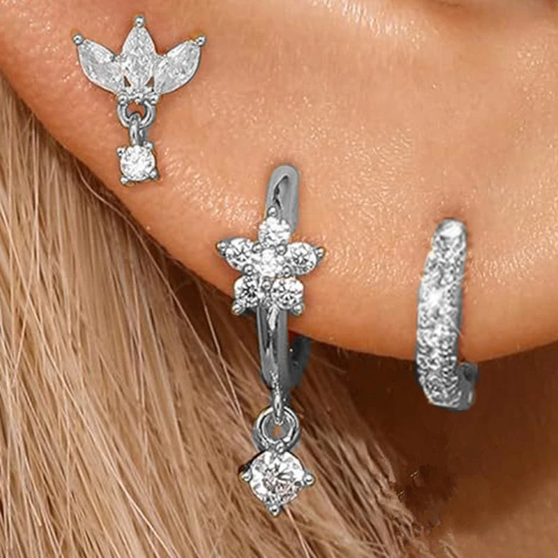 3 PCS Exquisite Zircon Little Huggies Hoop Earrings Set for Women Stainless Steel U additional angle