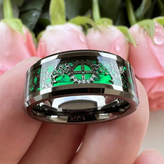 8MM Fashion Men Gear Inlay Steel Ring Polished Green Carbon fiber Stainless Steel Rin alternate view