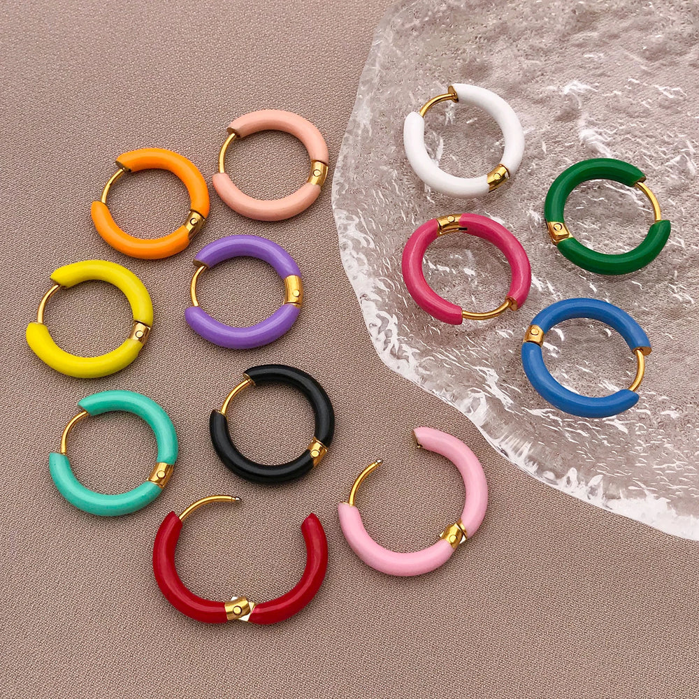 2pcs Candy Color Enamel Hoop Earrings | Sweet Summer Stainless Steel Jewelry additional angle