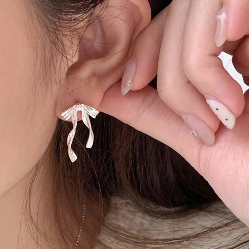 PANJBJ 925 Sterling Silver Bow Knot Earring for Women Texture Tassels Sweet Romantic alternate view