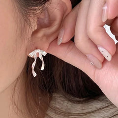 PANJBJ 925 Sterling Silver Bow Knot Earring for Women Texture Tassels Sweet Romantic alternate view