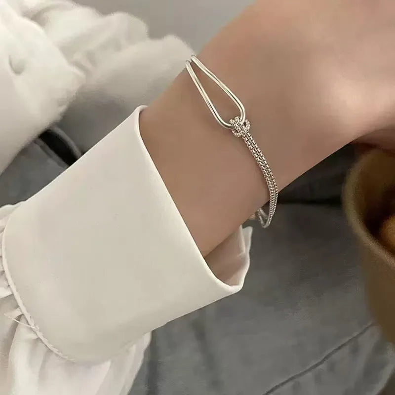 925 Sterling Silver Bracelet | Light Luxury Minimalist Half-Bangle Half-Chain Jewelry close-up view