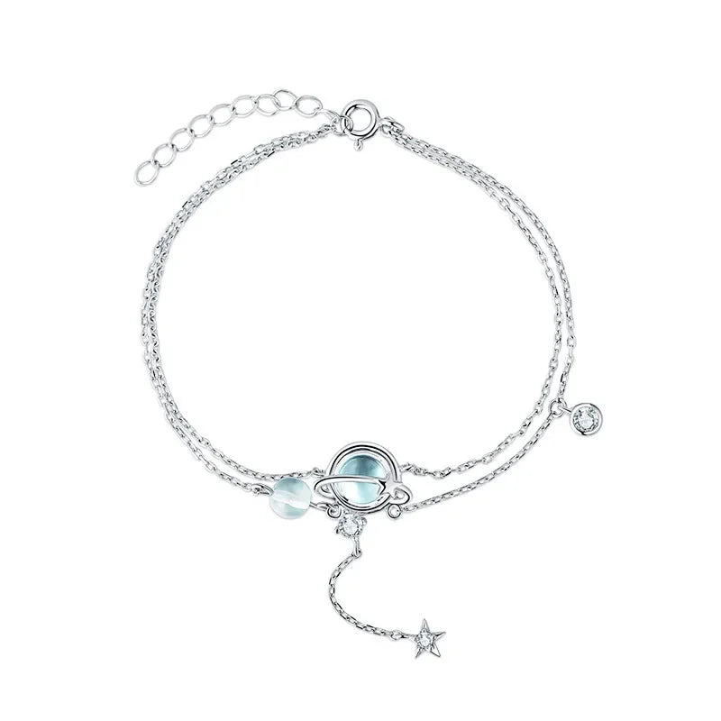 925 Sterling Silver Aquamarine Bracelet | Elegant Double Charm Bracelet for Women additional angle