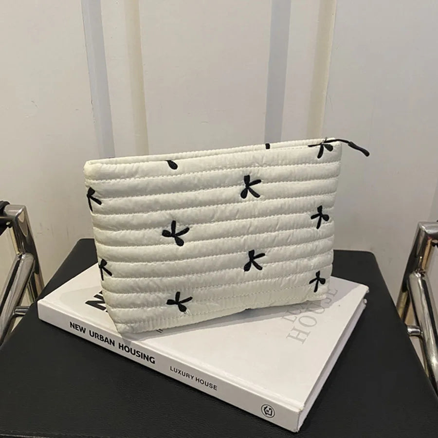 Cute Makeup Bag with Zipper Large Capacity Cosmetic Bag Embroidery Bow Wash Storage Bag detail view