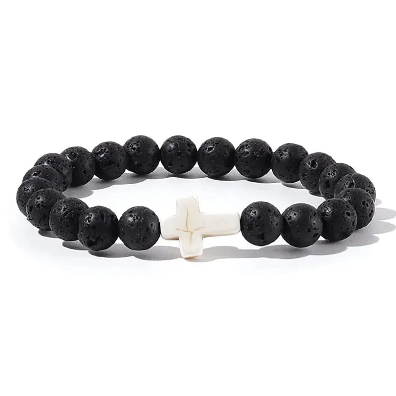 Prayer Men Natural Stone Wood Beads Rosary Hematite Cross Bracelets Onyx Meditation Brac detail view