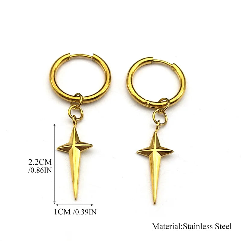 Stainless Steel Star Cross Hoop Earrings | Punk Kpop Y2K Drop Earrings for Women additional angle