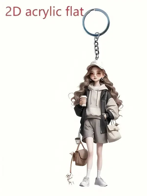 1 Cute Acrylic Girl Keychain, 2D Flat, Holiday Gift, Backpack Accessories, Key Decorat close-up view