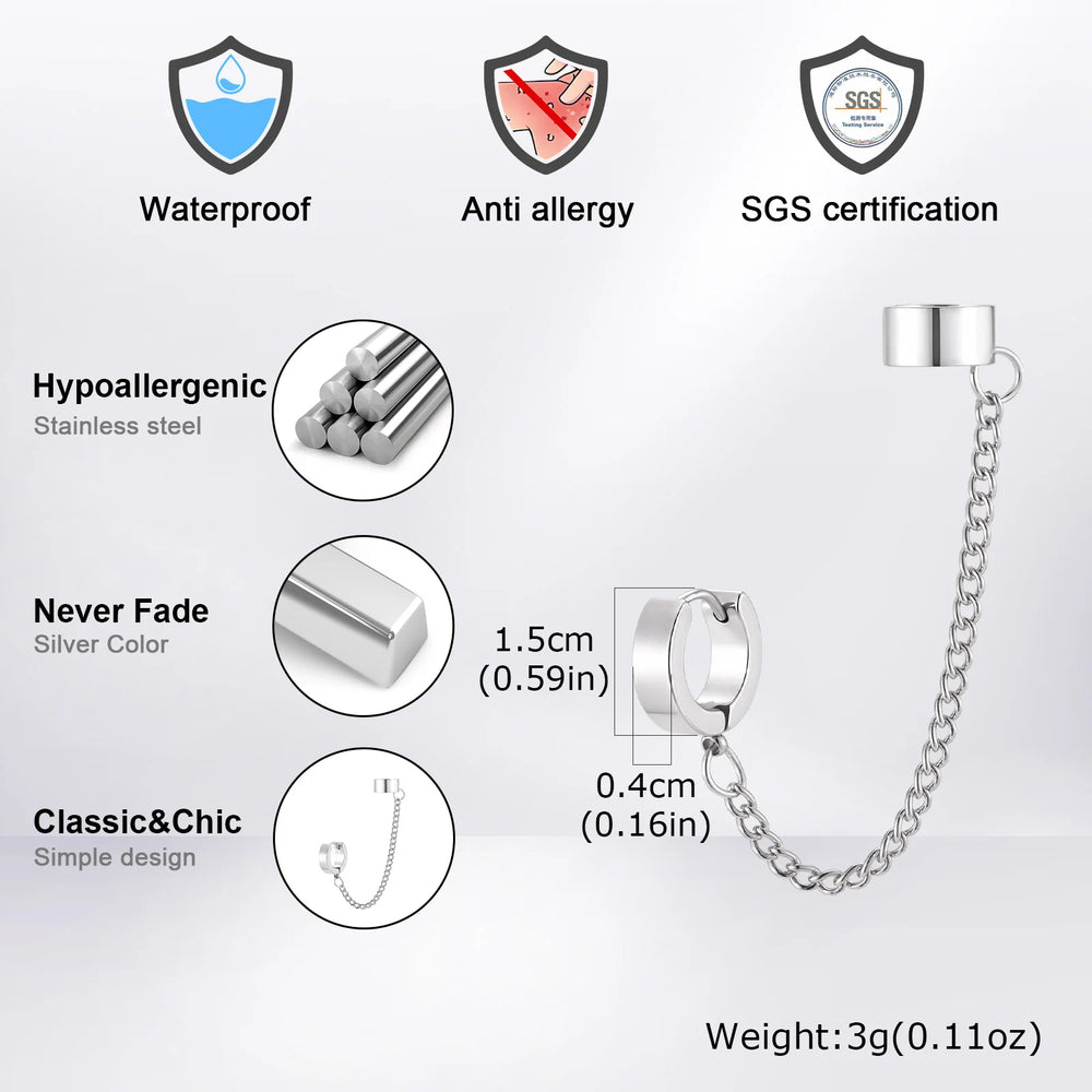 1pc Clip Earrings with Chain Stainless Steel for Women Men Punk Tassel Hoop Ear Cuffs Pa detail view
