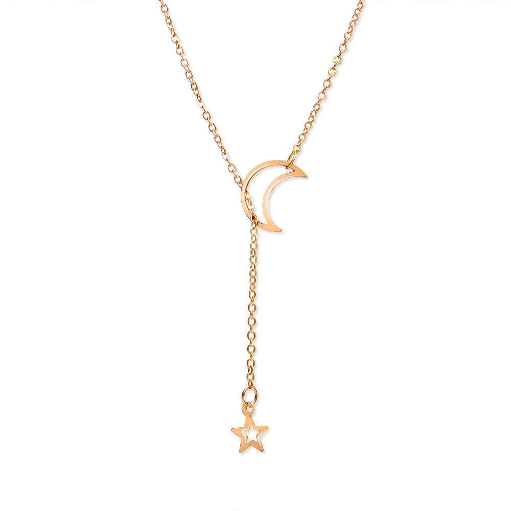 New Simple Moon Star Pendant Choker Necklace Simple Gold Color Alloy Charm Chain Collare detail view