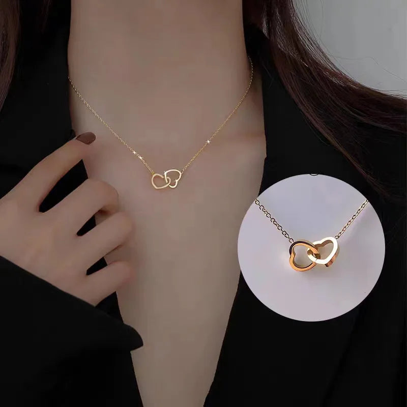 Romantic Double Heart Pendant Necklaces for Women Stainless Steel Charm Choker Necklace Gold Color W