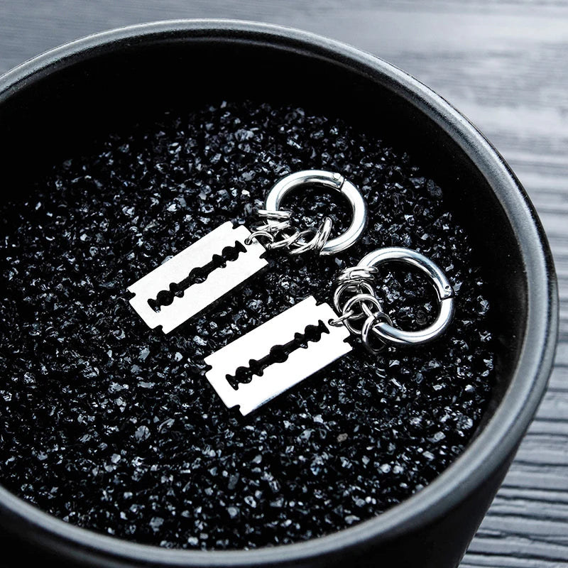 Vintage Razor Hollow Drop Earrings | Stainless Steel Punk Dangle Earrings for Men and lifestyle view