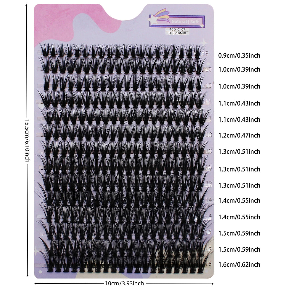 14 Rows 280 Clusters 40D Mix 9-16mm Cluster Lashes | Natural Thick Strip Eyelash Exten close-up view