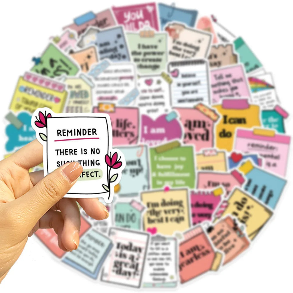 50PCS Self Affirming and Motivating Waterproof Graffiti Stickers for Helmet Bicycle Ha close-up view