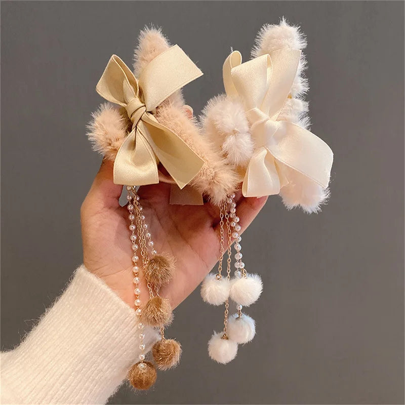 New Fashion Women Soft Plush Bow Pearl Tassel Hair Claw Clips Elegant Hair Clips Headwear