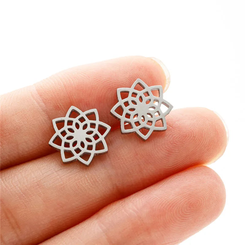 Multiple Stainless Steel Flower Stud Earrings Women Korean Daisy Mandala Rose Lotus Eari detail view