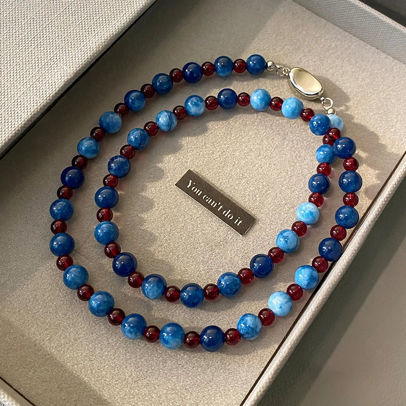 Light Luxury Natural Stone Bead chain Blue Agate Stone Short Necklace 2025 Trendy Jewelr detail view