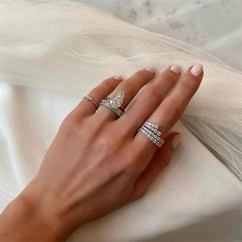 Huitan Simple Stylish Lines Cubic Zirconia Rings Women Silver Color Band Bridal Weddi lifestyle view