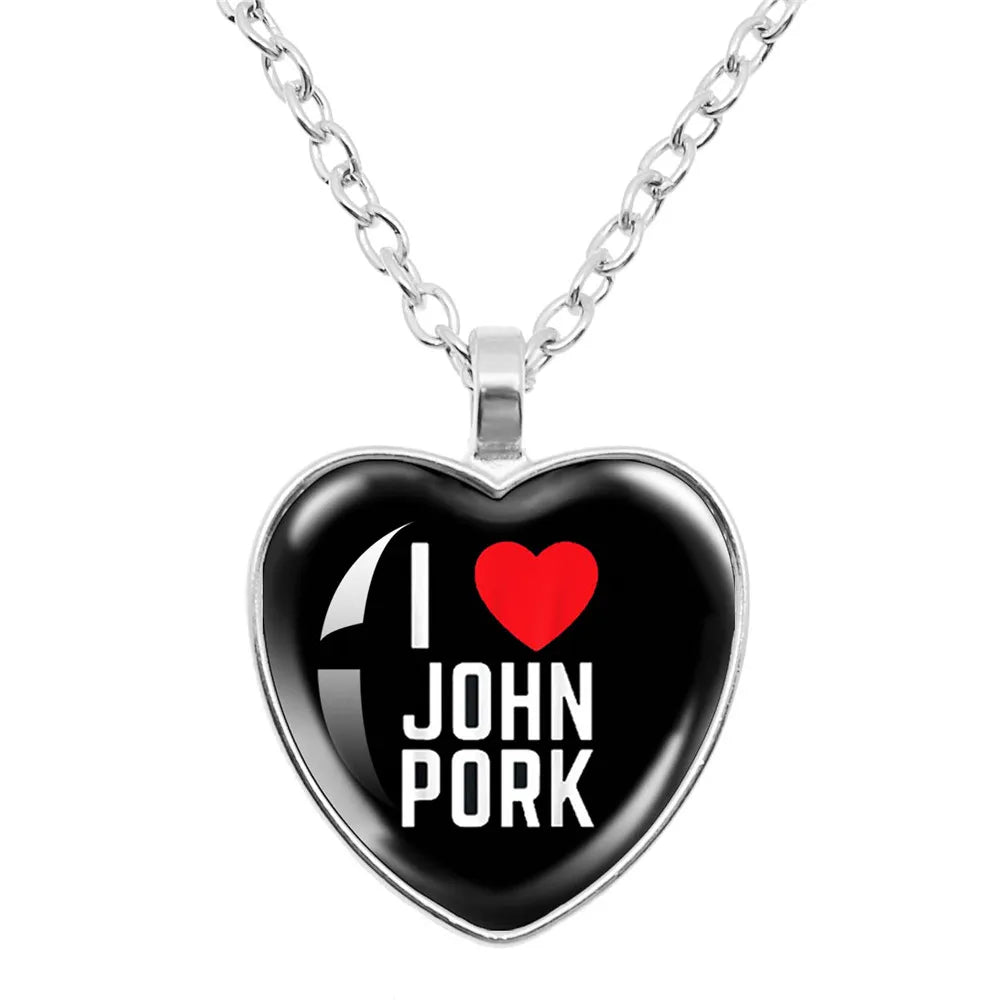 John Pork is Calling Answer Call Phone Humor Funny Pig Lover Graphic Glass Cabochon Heart-Shape Pendant Necklace Jewelry Gift