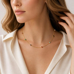 Dainty Colorful CZ Station Choker Necklace, Womne's Gold Plated Stainless Steel Chain alternate view