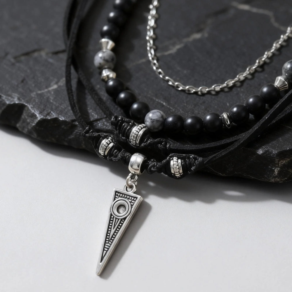 Multi-Layer Black Leather Necklace | Rock Punk Geometric Pendant for Men detail view
