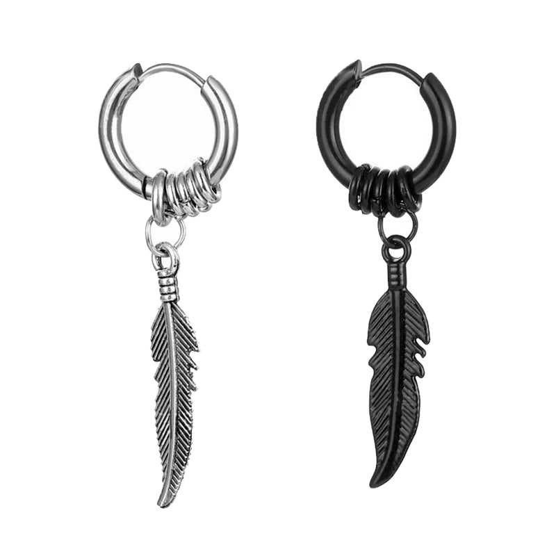 2pc Korean Fashion Punk Rock Cross Feather Stud Earrings for Women And Men High Quality Stainless Steel Hip Hop Ear Jewelry