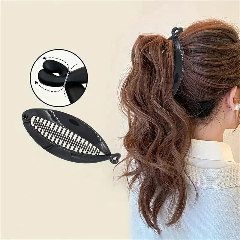3 Set Black Fish Hair Clips, Banana Clips Ponytail Fixer for Women close-up view