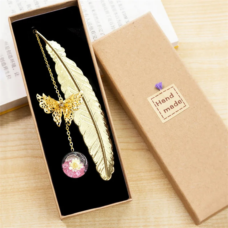 1Pcs Metal Feather Bookmark with Dried Flower Butterfly Boxed ,Teacher's Day Gift, Stude detail view