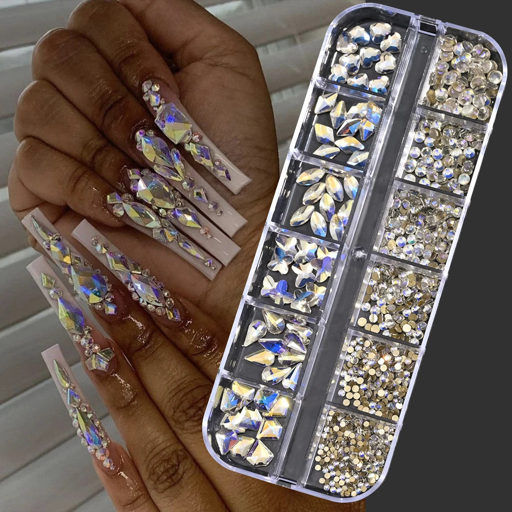 12Grids Pink Mixed Nail Rhinestones Luxury Nail Charms Glitter Crystal Jewelry Gems Nail detail view