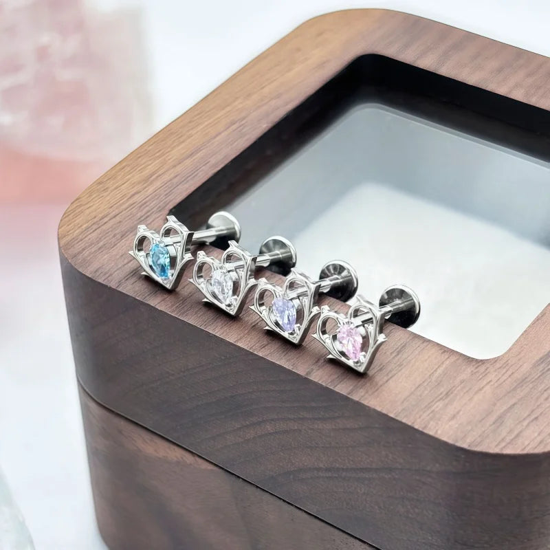 G23 Titanium Lip Piercing Stud Earring with Heart Design Teardrop CZ Nose Stud Internal detail view