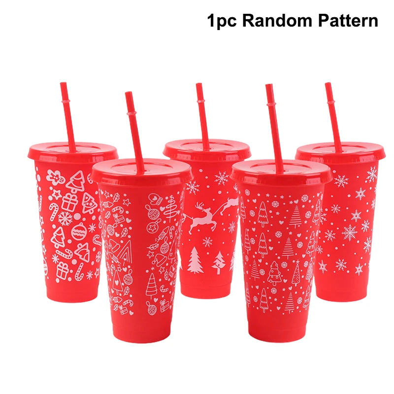 1Pc 710ML Christmas Coffee Straw Cup Reusable Xmas Tree Snowflake Plastic Cup With Li alternate view