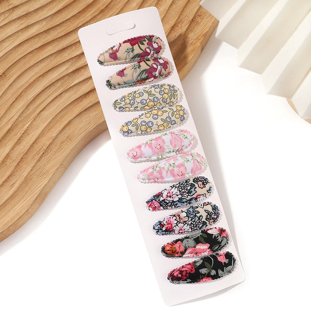 10Pcs/Lot Fresh Print Cotton Alloy Hair Clips for Kids Fabric Plaid BB Hairpins Girl lifestyle view