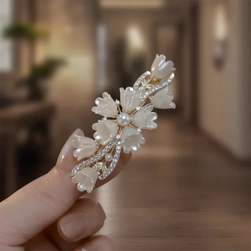 Elegant Pearl Lily of the Valley Spring Clip Hair Clip Women's Back of Head Half-tied Flower Barrette Fashion Hair Accessories