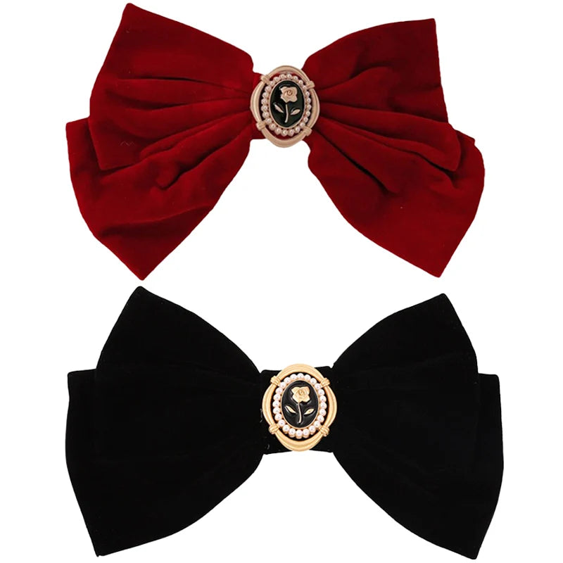 French Beautiful Barrette for Woman Black Elegant Velvet Ribbon Bowknot Party Hairpins Hair Accessories