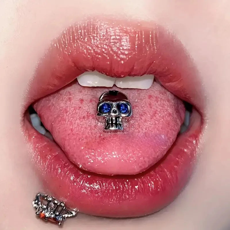 Tongue Rings Stainless Steel 316L, 5 Color Diamond Encrusted Skull Piercing Jewelry close-up view