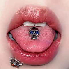 Tongue Rings Stainless Steel 316L, 5 Color Diamond Encrusted Skull Piercing Jewelry close-up view