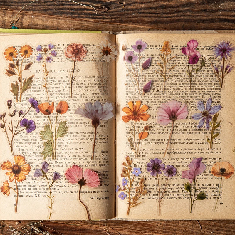 Journal GO 50pcs Dried Flower Collection PET Stickers Decorative Handmade Scrapbooking Material Diary Album Craft Card DIY Label
