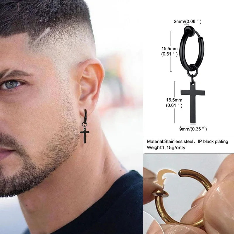 Stainless Steel Cross Earrings for Men | Durable Stud Earrings with Christian Cross Char detail view