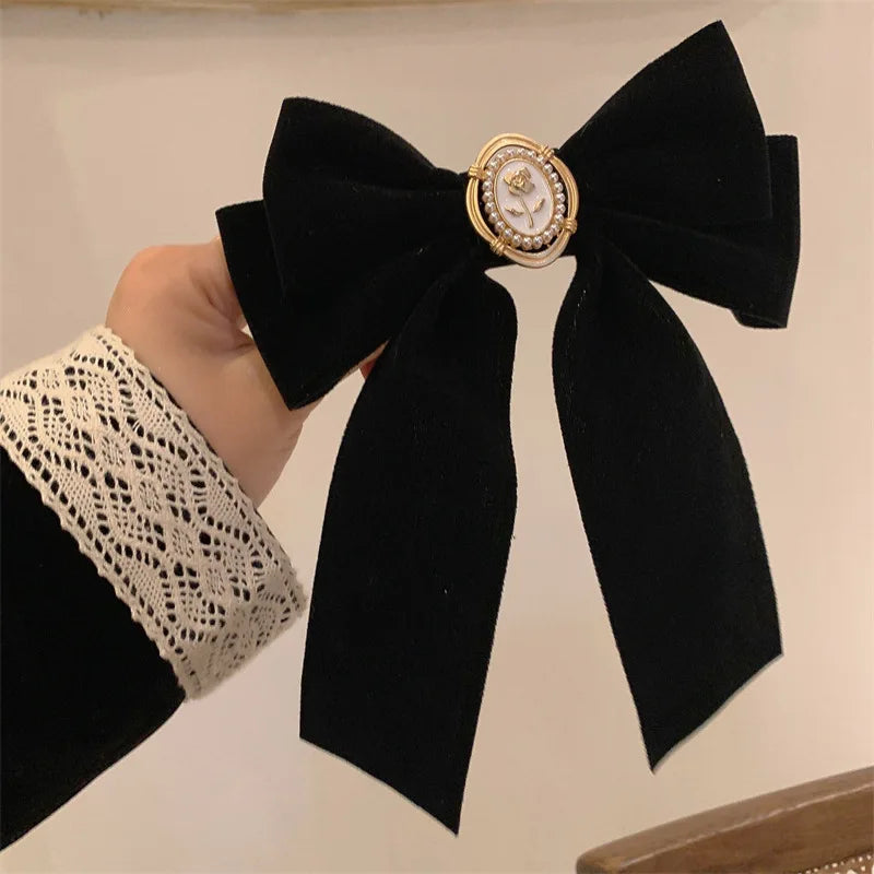 French Beautiful Barrette for Woman Black Elegant Velvet Ribbon Bowknot Party Hairpins Hair Accessories