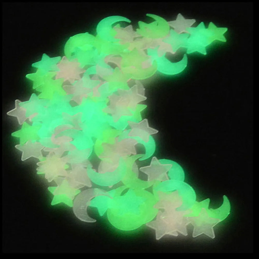100pcs Glow in The Dark Moon and Star Stickers | Luminous Wall Ceiling Decor for Kids close-up view