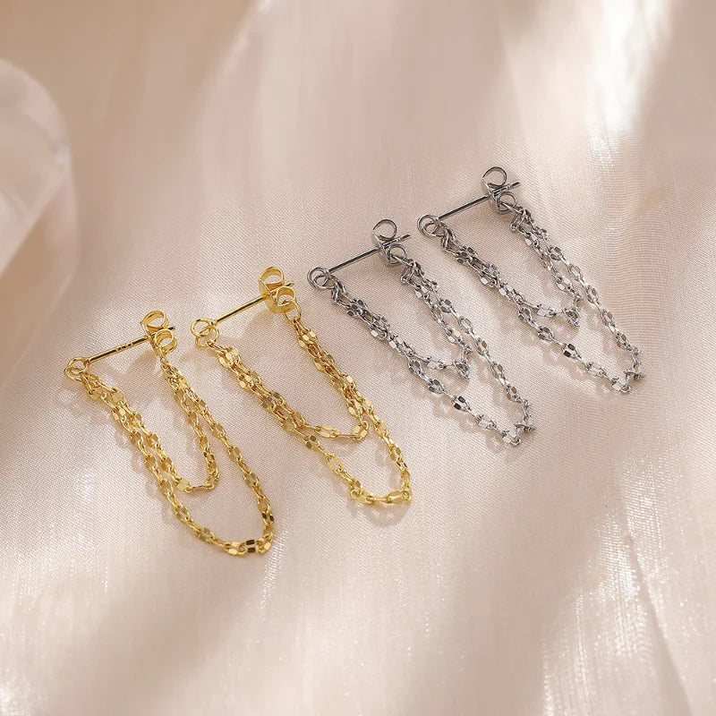 Silver Tassel Drop Earrings | Double Chain Rear-Hanging Earrings for Women detail view