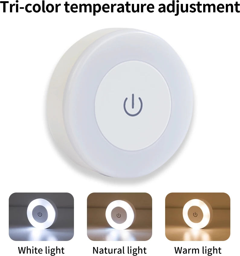 6CM Rechargeable LED Night Light | Touch Switch Wireless Wall Lamp with 3-Color Dimmab close-up view