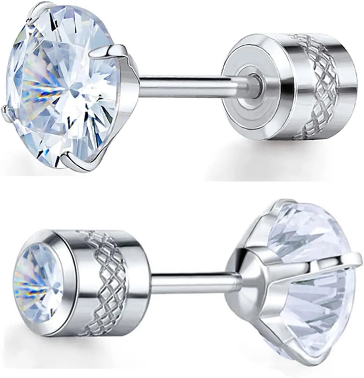 6 Pairs Screw Back Stud Earrings Set | Surgical Stainless Steel Double Sided Round CZ Ea detail view
