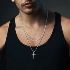 Men's Stainless Steel Layered Cross Necklace | Simple Prayer Pendant with Rope Box Chain detail view