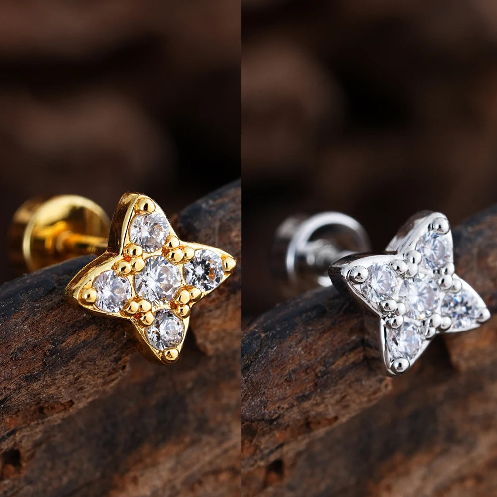 1pcs Crystals Zircon Ear Studs Smiling Crown Star-Style Earring Piercing Oreja Stainless Helix Cartilage Tragus Lobe Piercing
