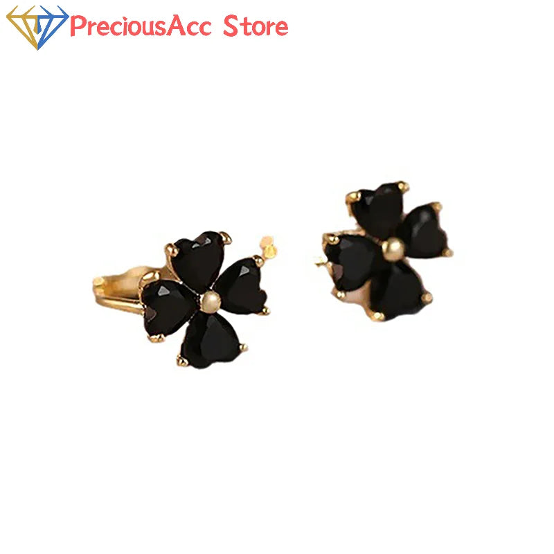 Fashion Black Mini Four-Leaf Flower Stud Earrings Women Jewelry Party Accessories G additional angle