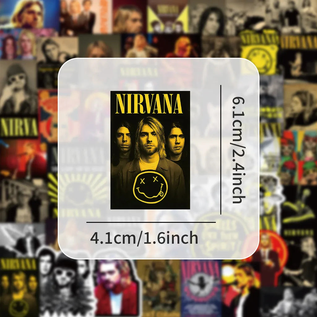 52 Pieces Nirvana Band Stickers | Rock Music Fan Decorative Decals for Laptops, Phone lifestyle view