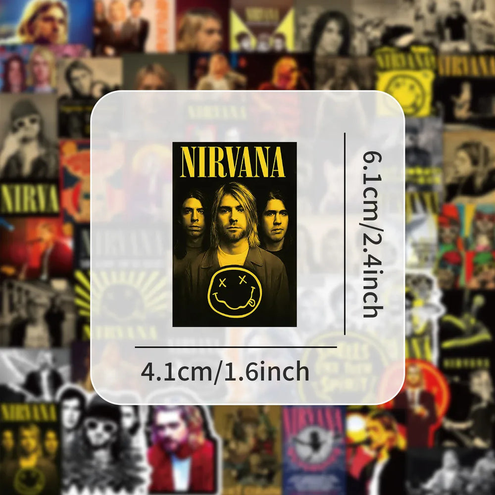 52 Pieces Nirvana Band Stickers | Rock Music Fan Decorative Decals for Laptops, Phone lifestyle view
